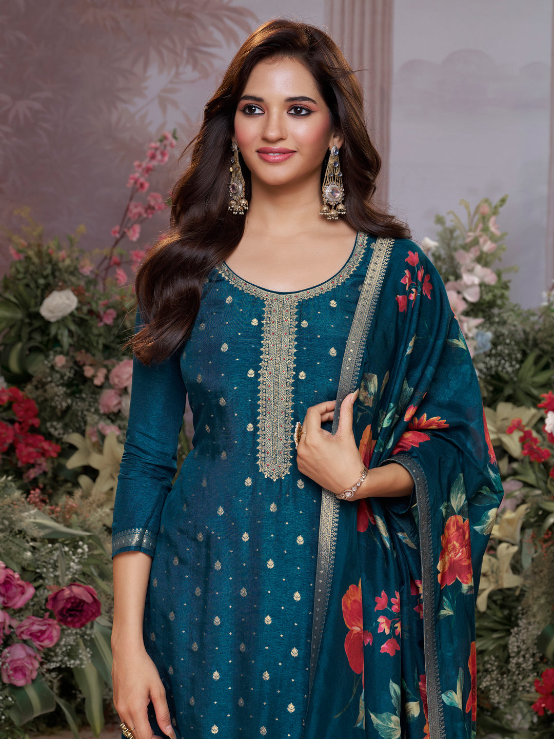 Blue Dola Silk Kurta Set with Jacquard Work, Paired with a Dola Silk Digital Printed Dupatta