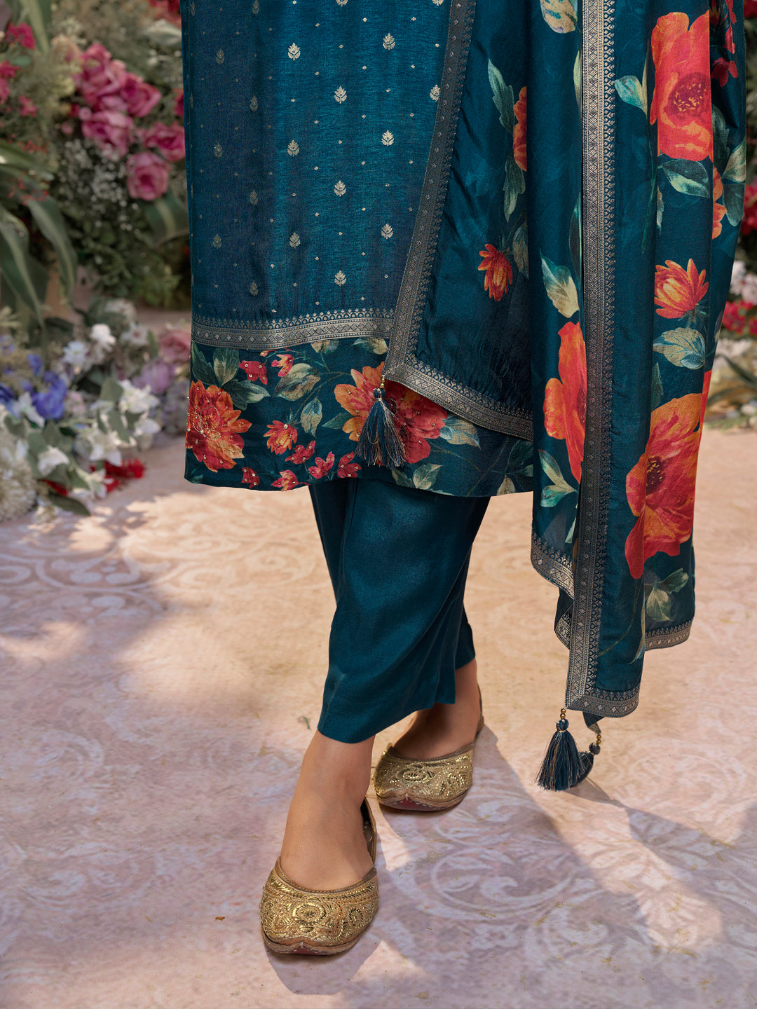 Blue Dola Silk Kurta Set with Jacquard Work, Paired with a Dola Silk Digital Printed Dupatta