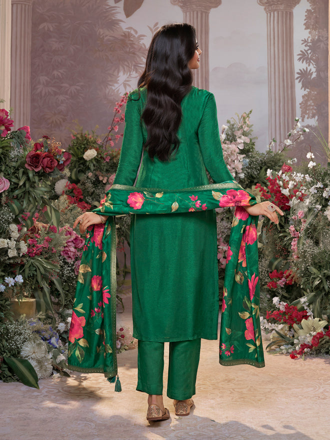 Green Dola Silk Kurta Set with Jacquard Work, Paired with a Dola Silk Digital Large Flower Printed Dupatta