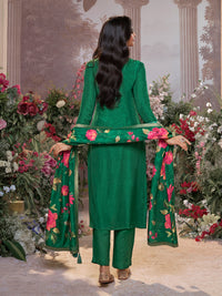 Green Dola Silk Kurta Set with Jacquard Work, Paired with a Dola Silk Digital Large Flower Printed Dupatta