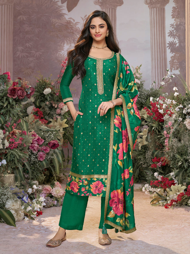 Green Dola Silk Kurta Set with Jacquard Work, Paired with a Dola Silk Digital Large Flower Printed Dupatta