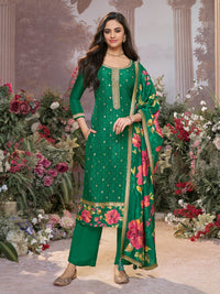 Green Dola Silk Kurta Set with Jacquard Work, Paired with a Dola Silk Digital Large Flower Printed Dupatta