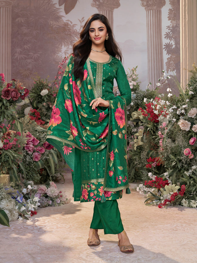 Green Dola Silk Kurta Set with Jacquard Work, Paired with a Dola Silk Digital Large Flower Printed Dupatta