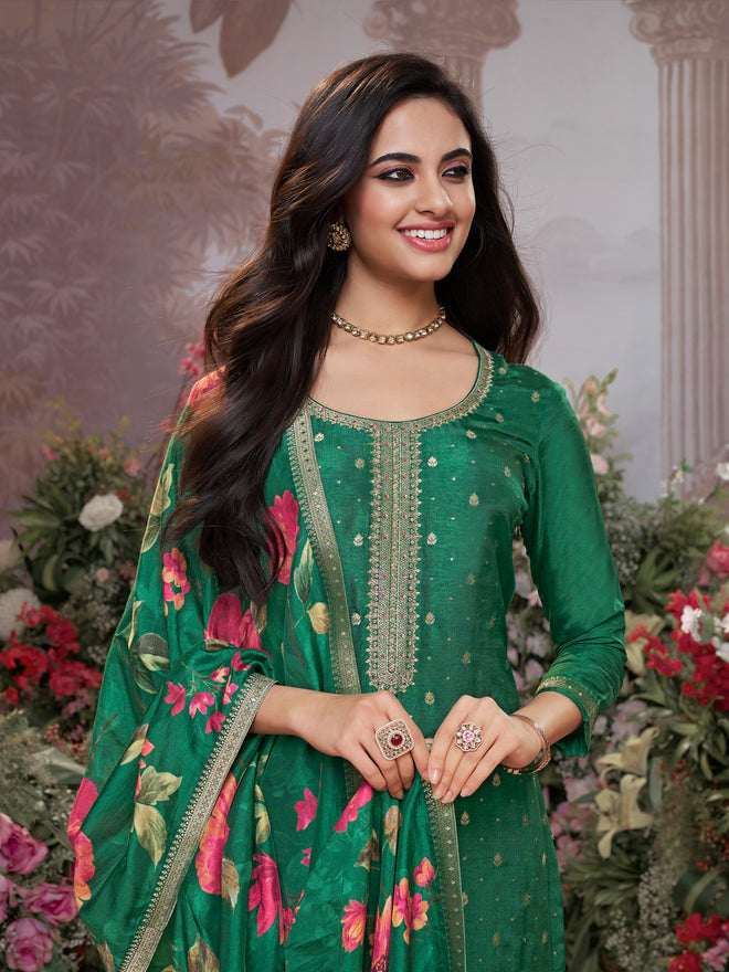 Green Dola Silk Kurta Set with Jacquard Work, Paired with a Dola Silk Digital Large Flower Printed Dupatta