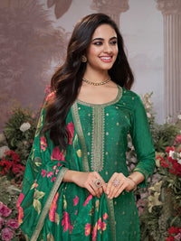 Green Dola Silk Kurta Set with Jacquard Work, Paired with a Dola Silk Digital Large Flower Printed Dupatta