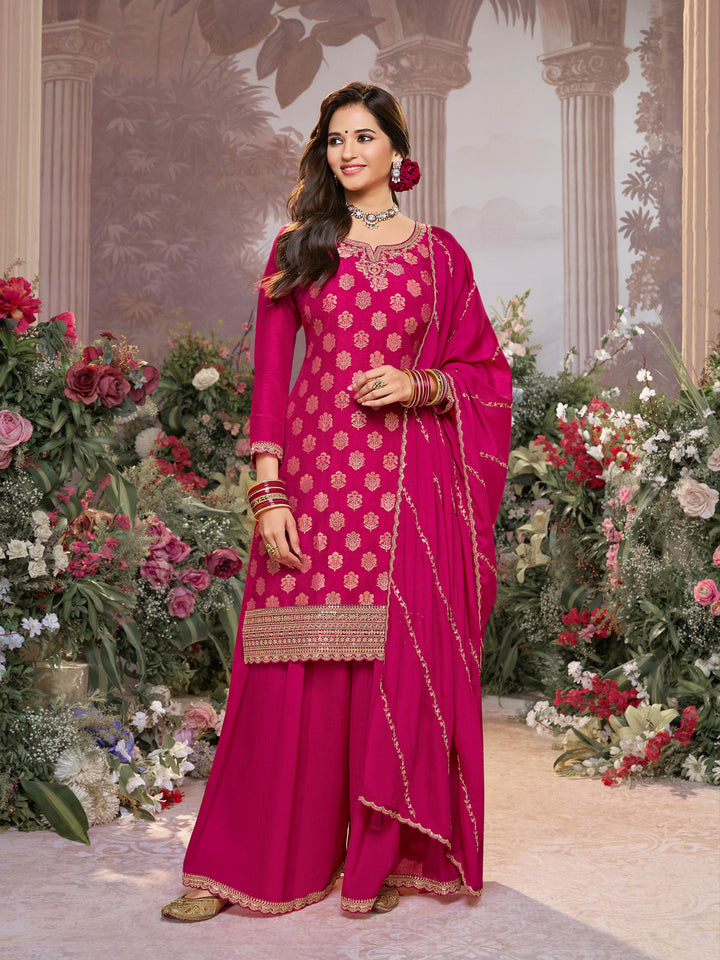 Pink Dola Silk Meena Jacquard Kurta Set Paired With Embroidered Sharara Suit Set