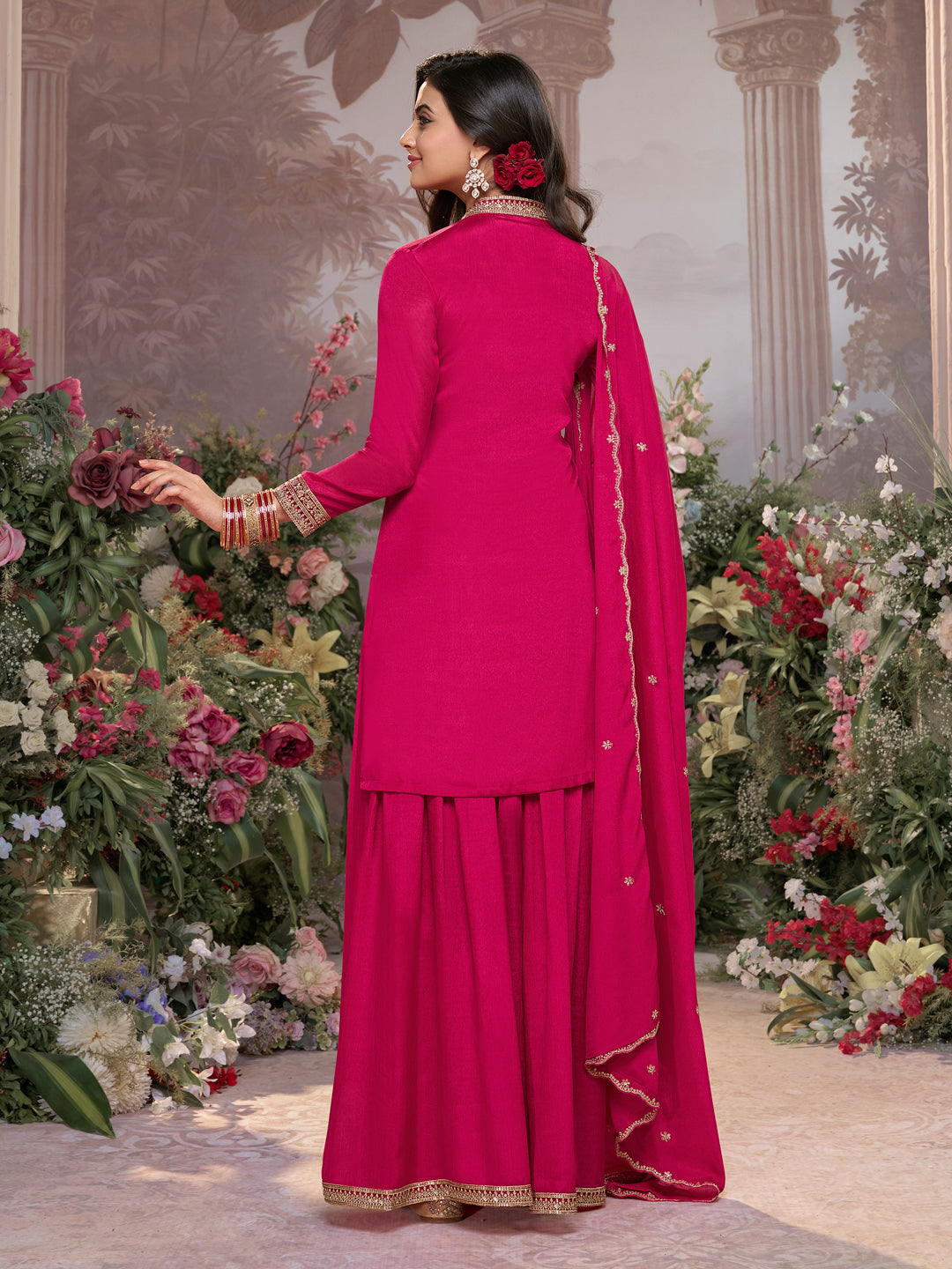 Hot Pink Chinon Kurta Set with Heavy Jacquard Work Paired with Chinon Dupatta with Embroidered Work