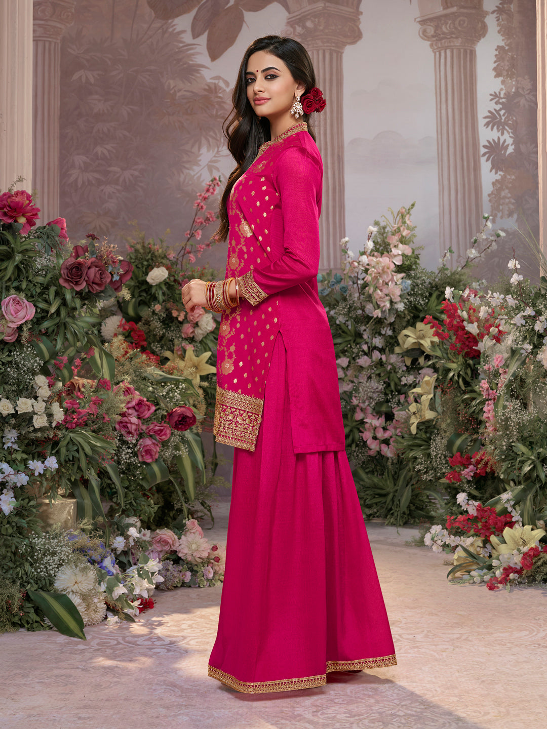 Hot Pink Chinon Kurta Set with Heavy Jacquard Work Paired with Chinon Dupatta with Embroidered Work.