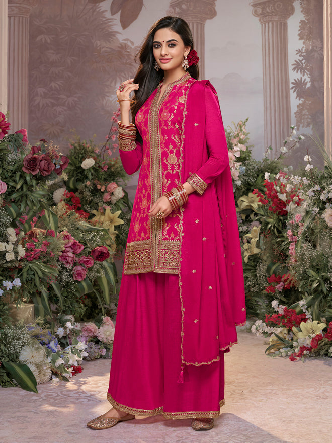 Hot Pink Chinon Kurta Set with Heavy Jacquard Work Paired with Chinon Dupatta with Embroidered Work
