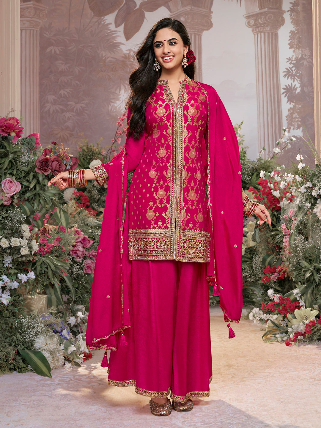 Hot Pink Chinon Kurta Set with Heavy Jacquard Work Paired with Chinon Dupatta with Embroidered Work.