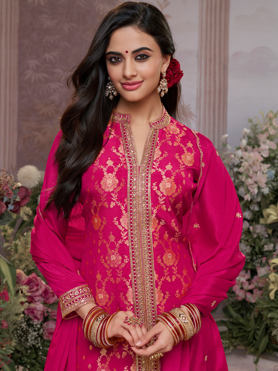 Hot Pink Chinon Kurta Set with Heavy Jacquard Work Paired with Chinon Dupatta with Embroidered Work.