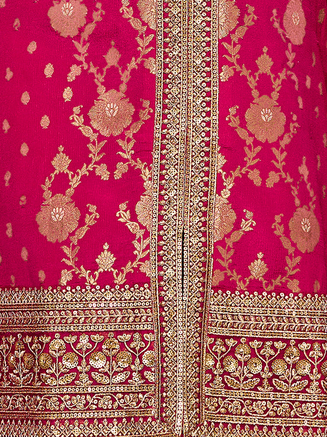 Hot Pink Chinon Kurta Set with Heavy Jacquard Work Paired with Chinon Dupatta with Embroidered Work