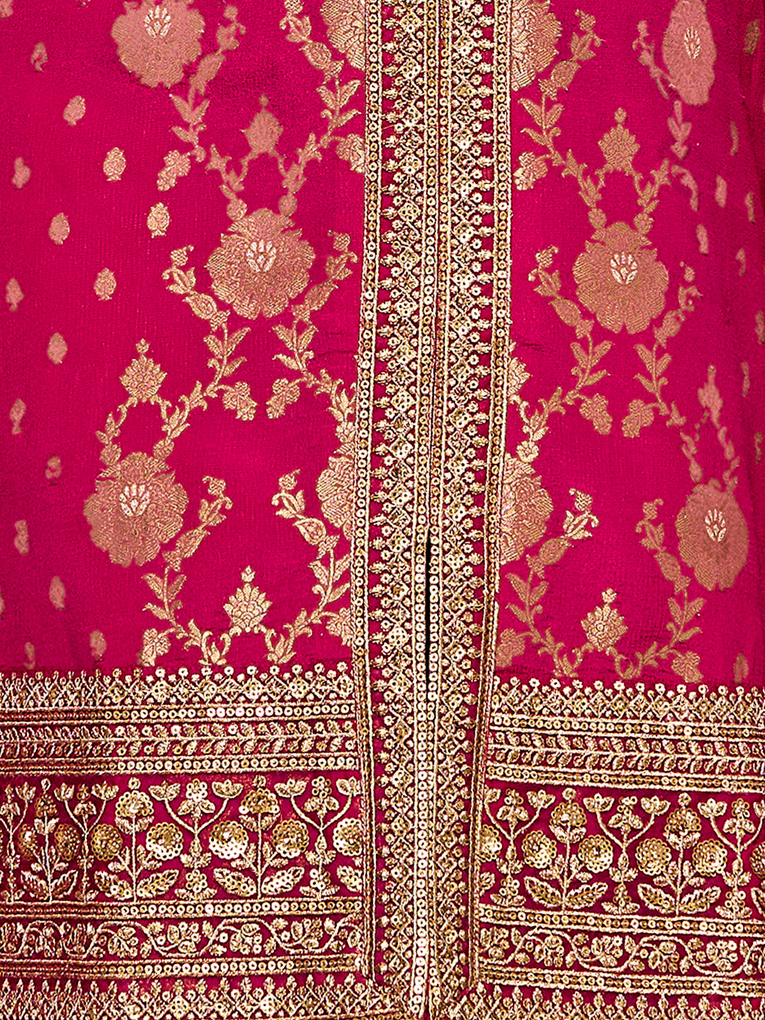 Hot Pink Chinon Kurta Set with Heavy Jacquard Work Paired with Chinon Dupatta with Embroidered Work.