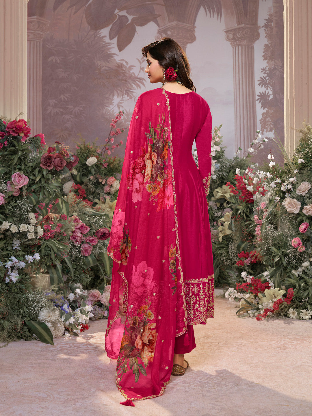 Pink Vichitra Silk Embroidered Anarkali Set with Digital Printed Chiffon Dupatta