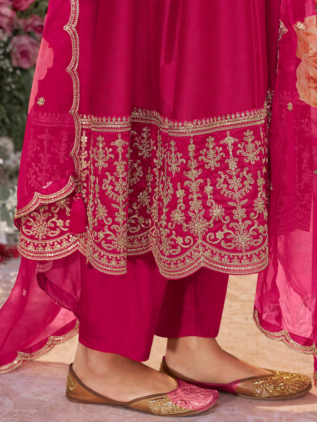 Pink Vichitra Silk Embroidered Anarkali Set with Digital Printed Chiffon Dupatta
