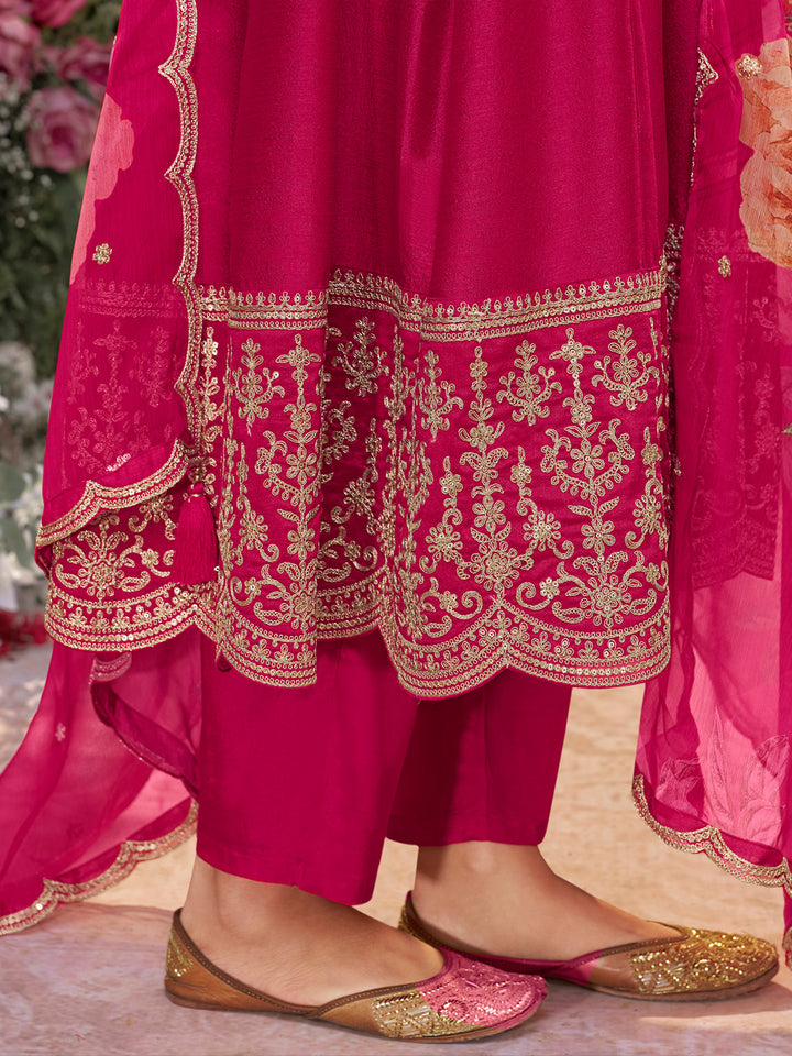 Pink Vichitra Silk Embroidered Anarkali Set with Digital Printed Chiffon Dupatta