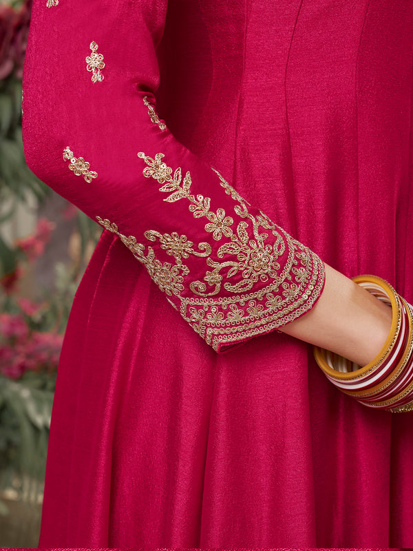 Pink Vichitra Silk Embroidered Anarkali Set with Digital Printed Chiffon Dupatta