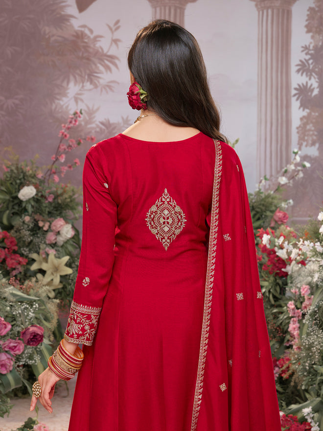 Red Vichitra Silk Kurta Suit Set with Embroidered Work Paired with Vichitra Silk Dupatta with Embroidered Work