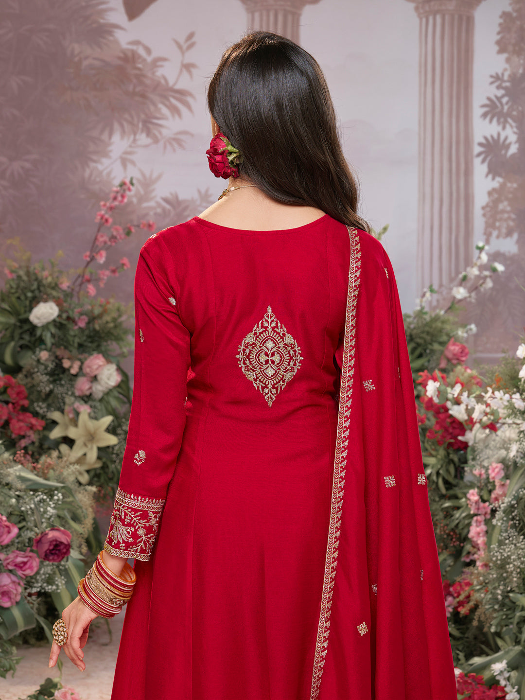Red Vichitra Silk Kurta Suit Set with Embroidered Work Paired with Vichitra Silk Dupatta with Embroidered Work