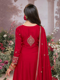 Red Vichitra Silk Kurta Suit Set with Embroidered Work Paired with Vichitra Silk Dupatta with Embroidered Work