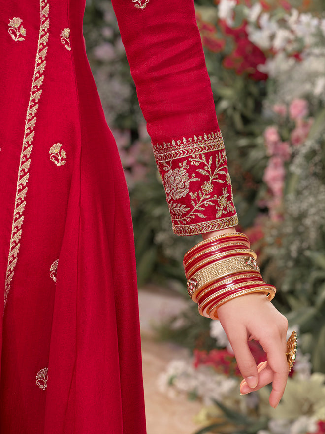 Red Vichitra Silk Kurta Suit Set with Embroidered Work Paired with Vichitra Silk Dupatta with Embroidered Work