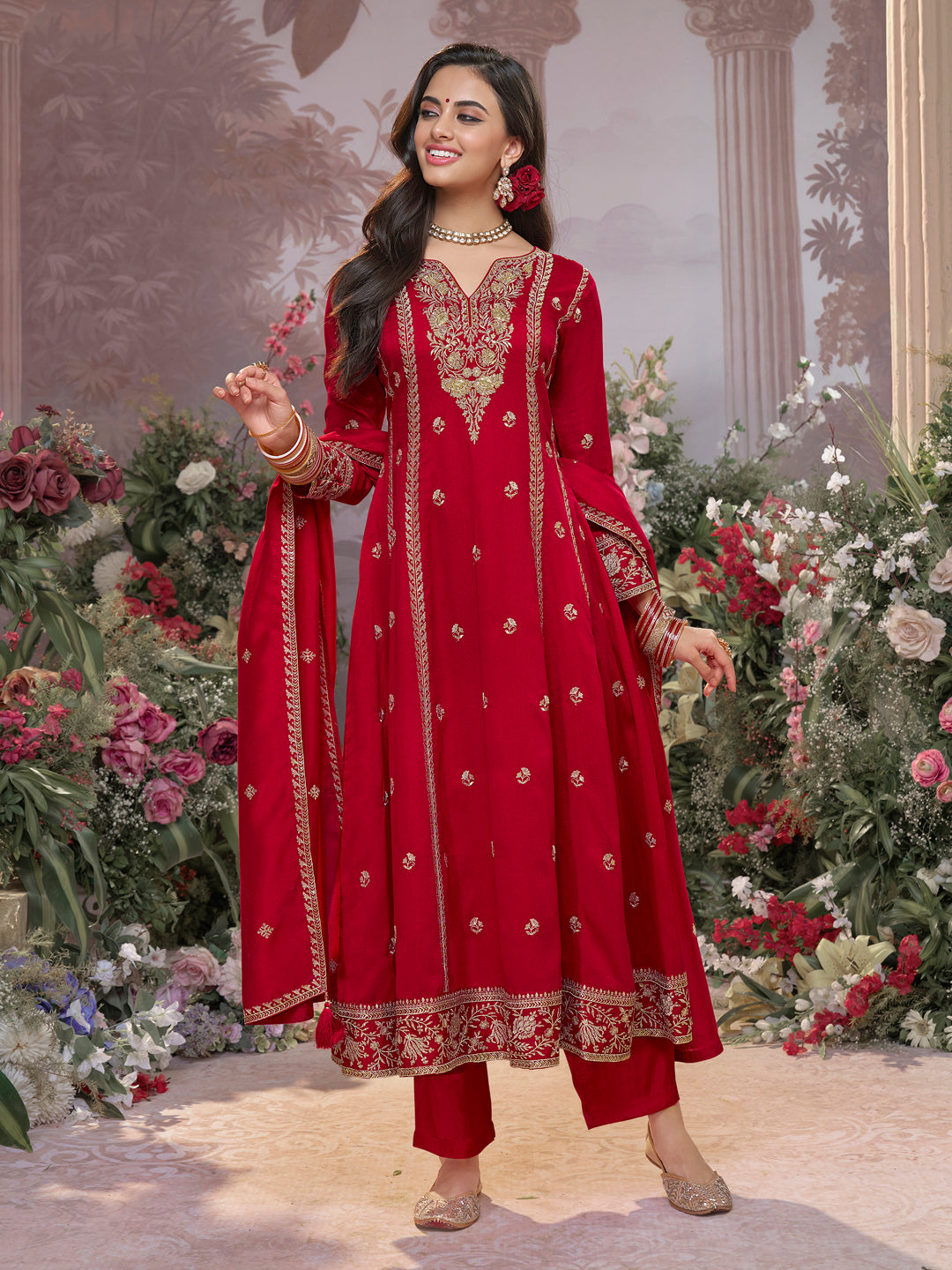 Red Vichitra Silk Kurta Suit Set with Embroidered Work Paired with Vichitra Silk Dupatta with Embroidered Work