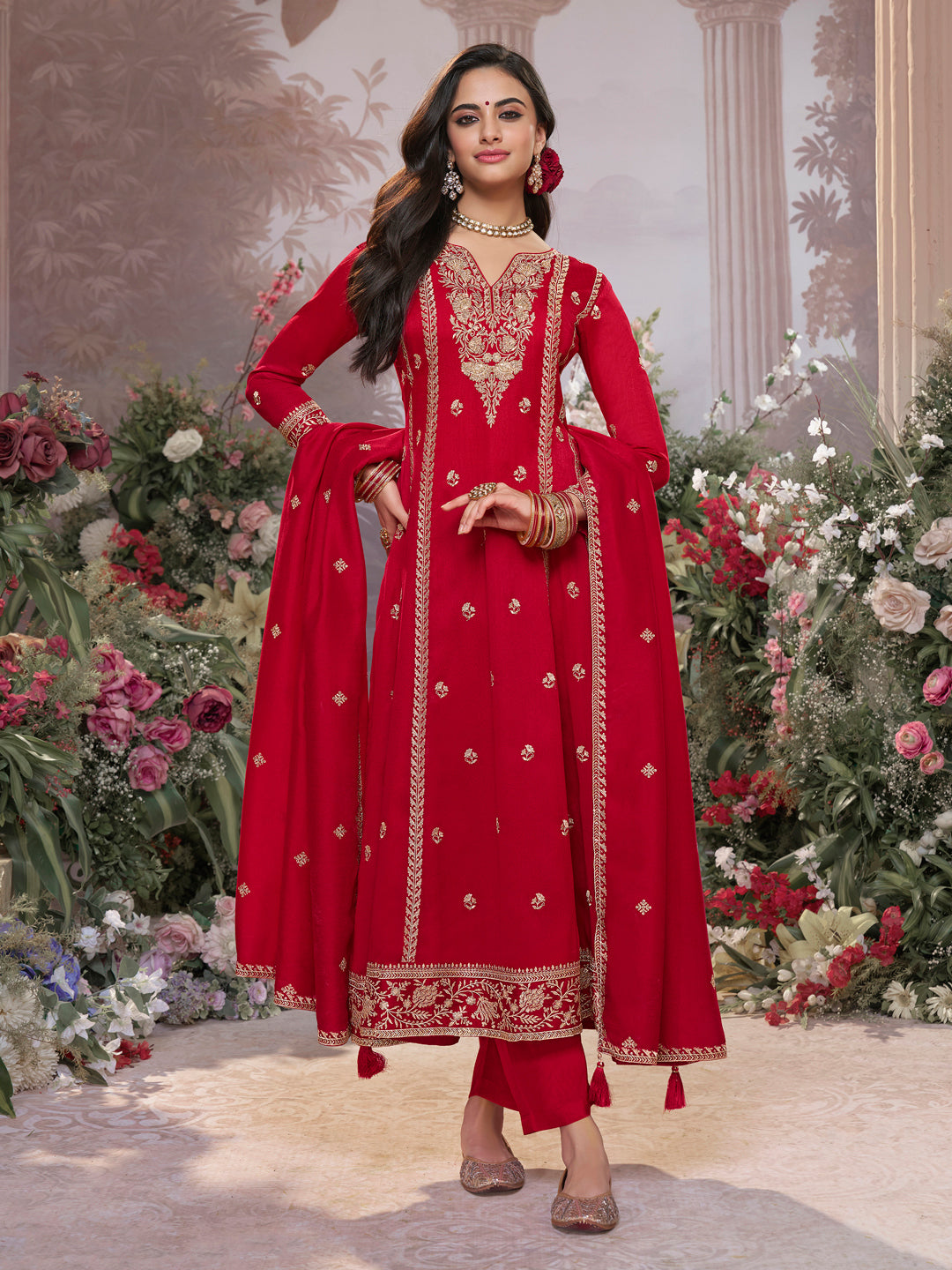 Red Vichitra Silk Kurta Suit Set with Embroidered Work Paired with Vichitra Silk Dupatta with Embroidered Work