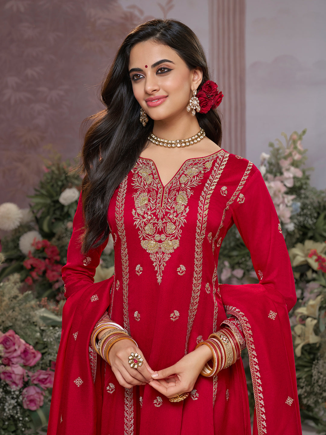 Red Vichitra Silk Kurta Suit Set with Embroidered Work Paired with Vichitra Silk Dupatta with Embroidered Work