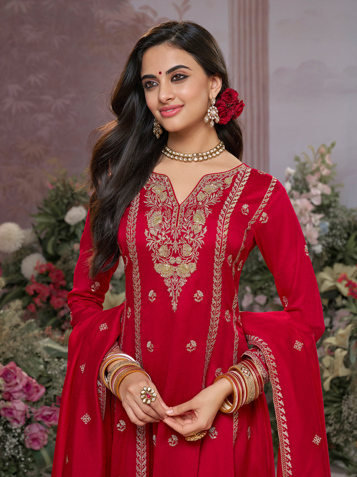 Red Vichitra Silk Kurta Suit Set with Embroidered Work Paired with Vichitra Silk Dupatta with Embroidered Work