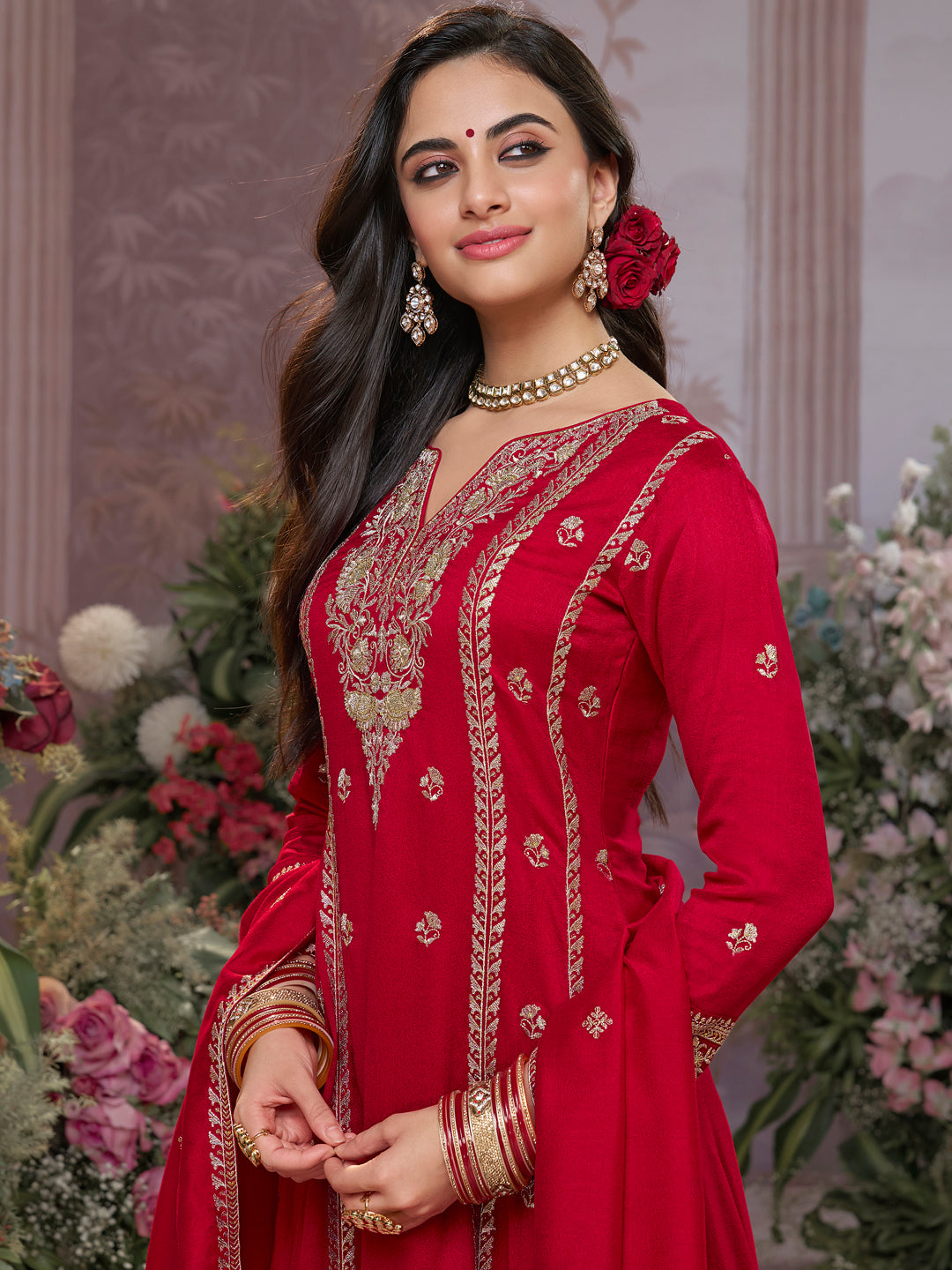 Red Vichitra Silk Kurta Suit Set with Embroidered Work Paired with Vichitra Silk Dupatta with Embroidered Work