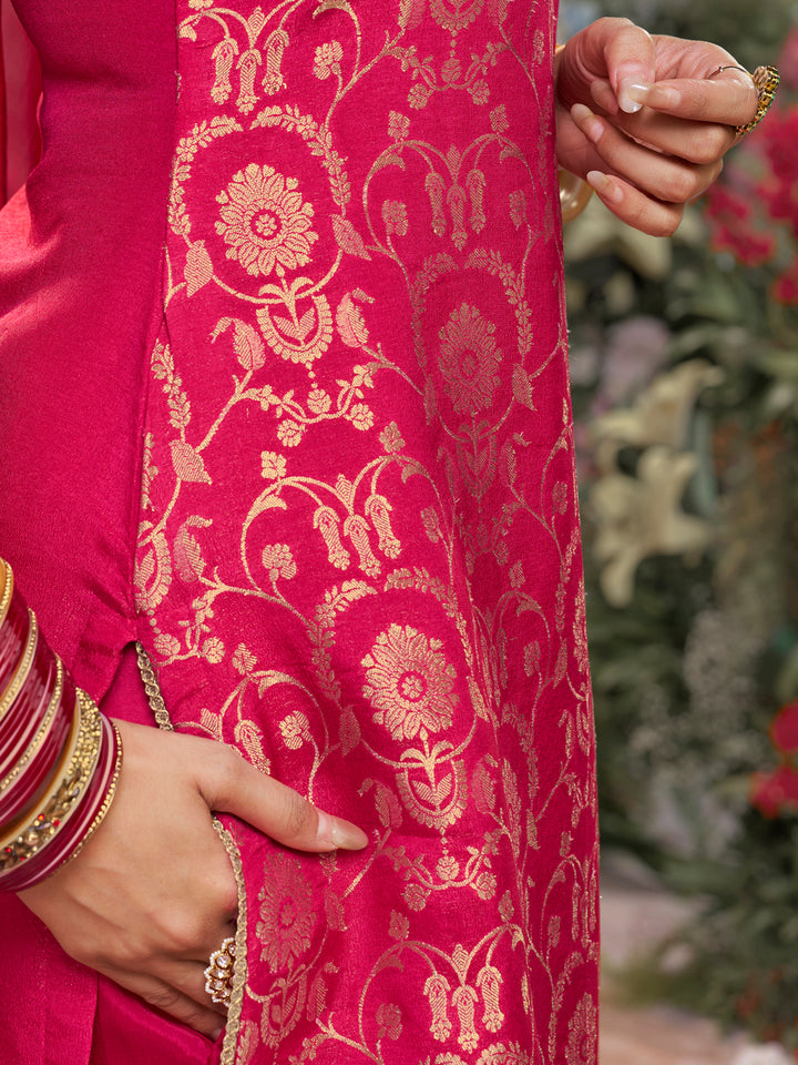 Red Chinon Kurta Set with Jacquard and Zari Work, Paired with an Organza Dupatta
