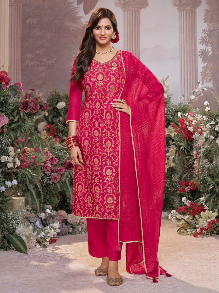 Red Chinon Kurta Set with Jacquard and Zari Work, Paired with an Organza Dupatta