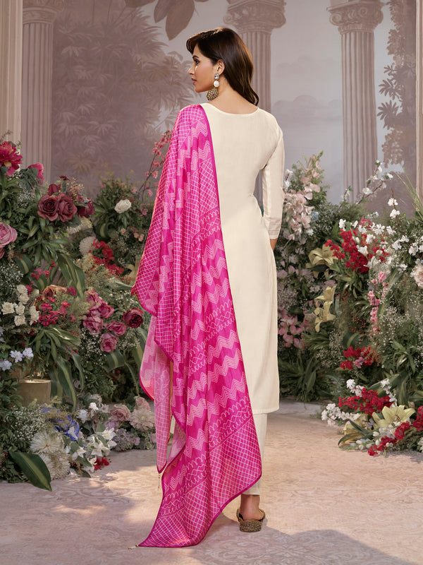 Off-White Viscose Thread Work Kurta Suit Set Paired with Digital Printed Pink Contrast Dupatta