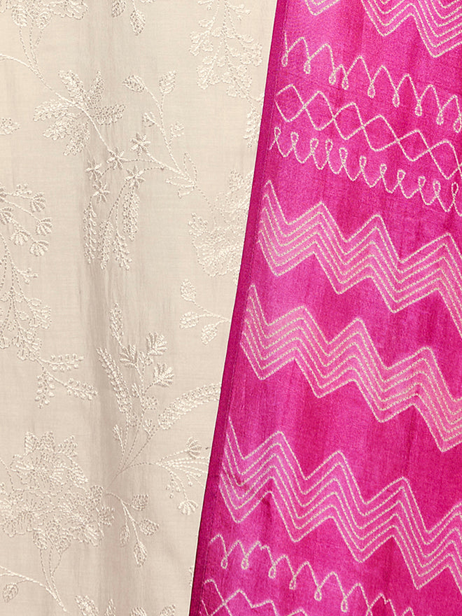 Off-White Viscose Thread Work Kurta Suit Set Paired with Digital Printed Pink Contrast Dupatta