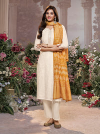 Off-White Viscose Thread Work Kurta Suit Set Paired with Digital Printed Yellow Contrast Dupatta