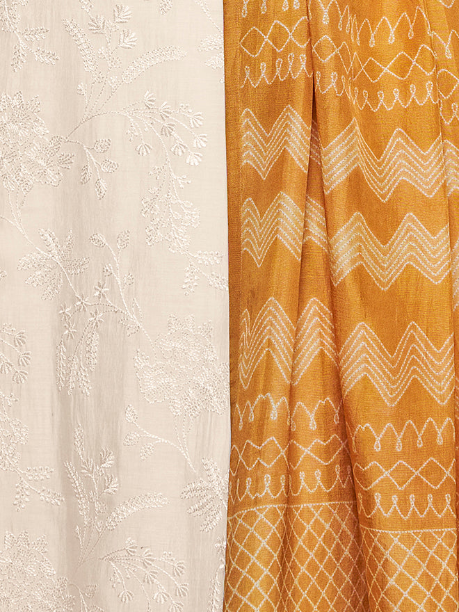 Off-White Viscose Thread Work Kurta Suit Set Paired with Digital Printed Yellow Contrast Dupatta