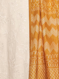 Off-White Viscose Thread Work Kurta Suit Set Paired with Digital Printed Yellow Contrast Dupatta
