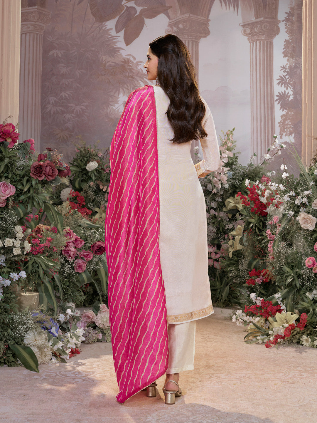 Cream Tissue Jacquard Kurta Set with Pink Contrast Digital Print Dupatta