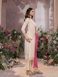 Cream Tissue Jacquard Kurta Set with Pink Contrast Digital Print Dupatta
