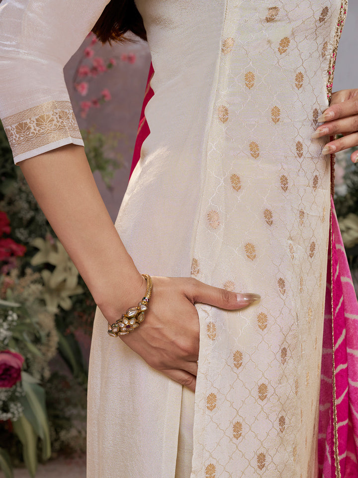 Cream Tissue Jacquard Kurta Set with Pink Contrast Digital Print Dupatta