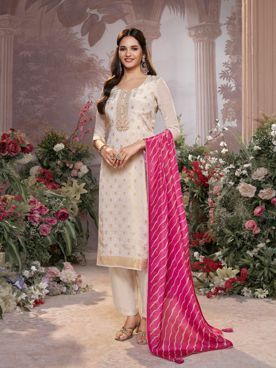 Cream Tissue Jacquard Kurta Set with Pink Contrast Digital Print Dupatta