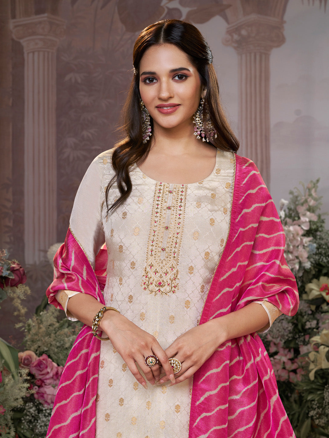 Cream Tissue Jacquard Kurta Set with Pink Contrast Digital Print Dupatta
