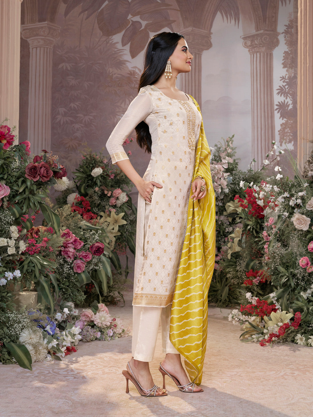 Cream Tissue Jacquard Kurta Set with Yellow Contrast Digital Print Dupatta