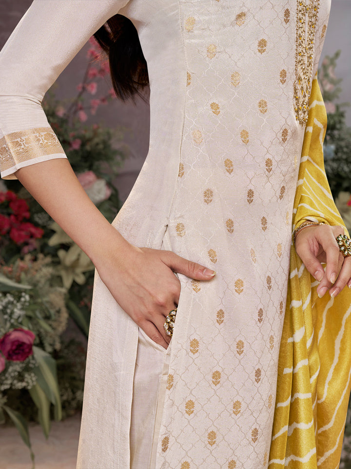 Cream Tissue Jacquard Kurta Set with Yellow Contrast Digital Print Dupatta