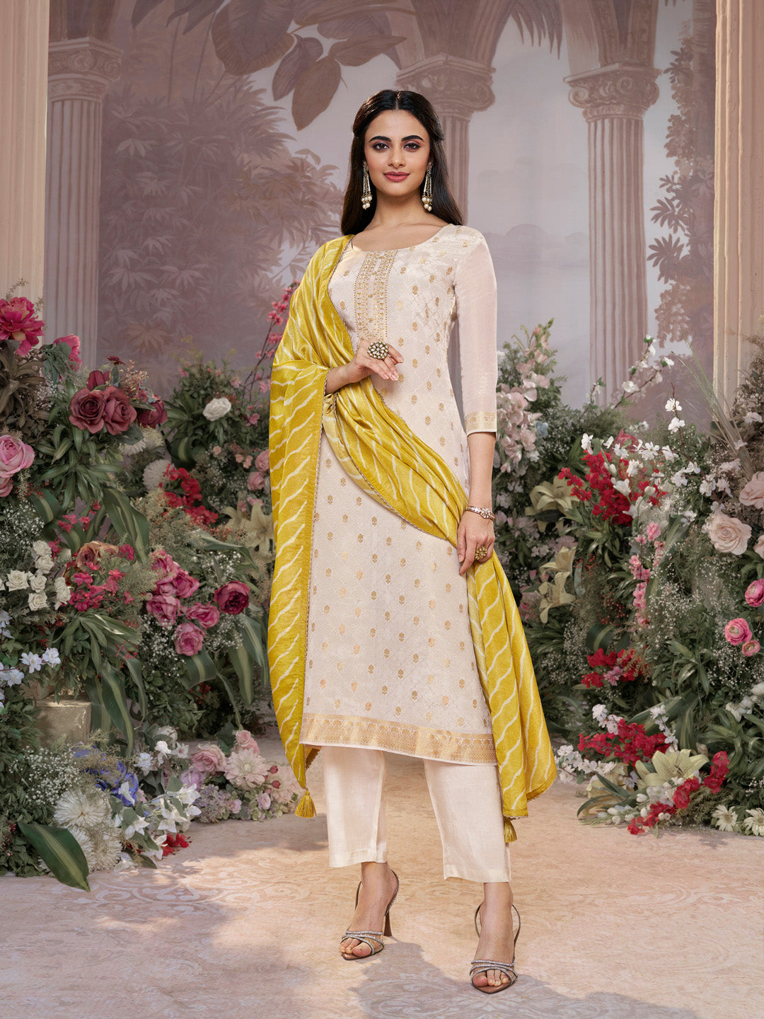 Cream Tissue Jacquard Kurta Set with Yellow Contrast Digital Print Dupatta