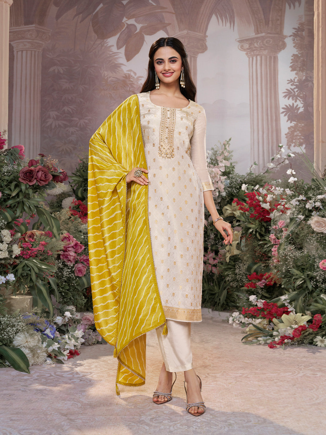 Cream Tissue Jacquard Kurta Set with Yellow Contrast Digital Print Dupatta