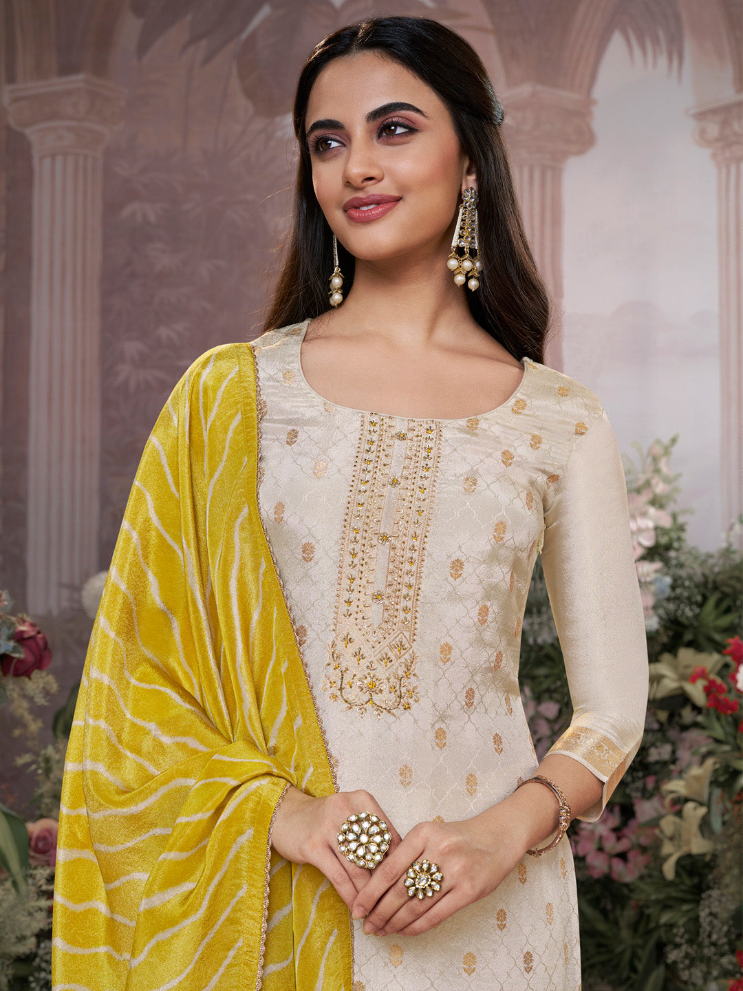Cream Tissue Jacquard Kurta Set with Yellow Contrast Digital Print Dupatta