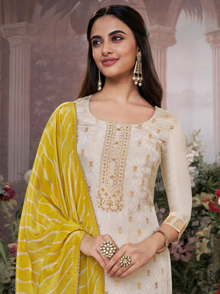 Cream Tissue Jacquard Kurta Set with Yellow Contrast Digital Print Dupatta
