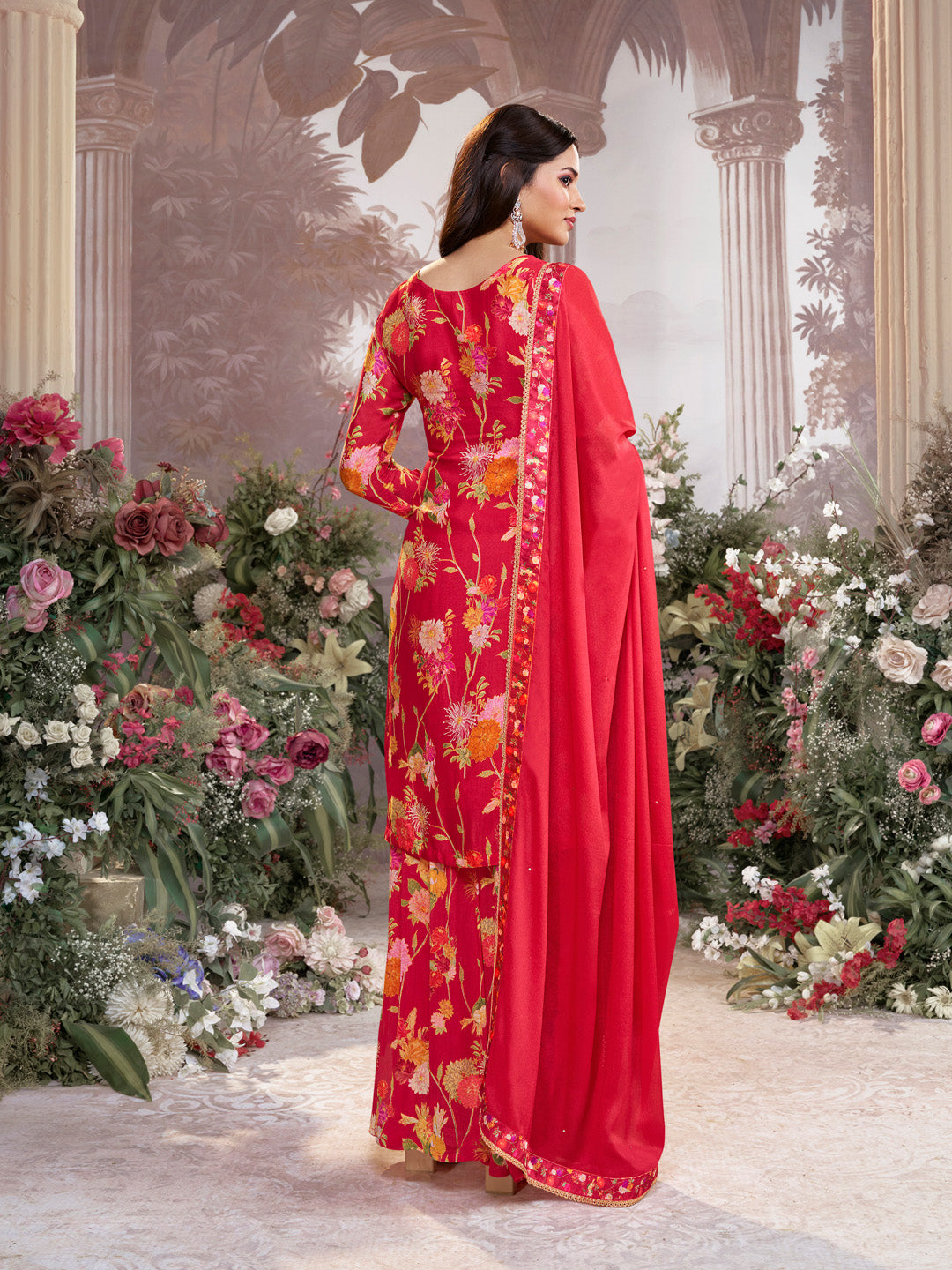 Red Chinon Sharara Suit Set with Floral Print and Embroidery Work