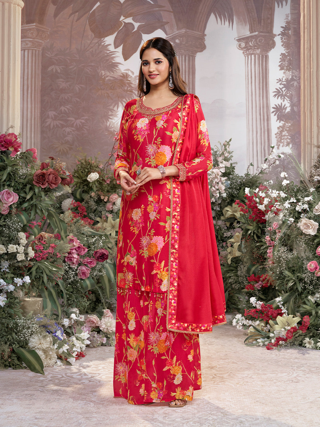 Red Chinon Sharara Suit Set with Floral Print and Embroidery Work